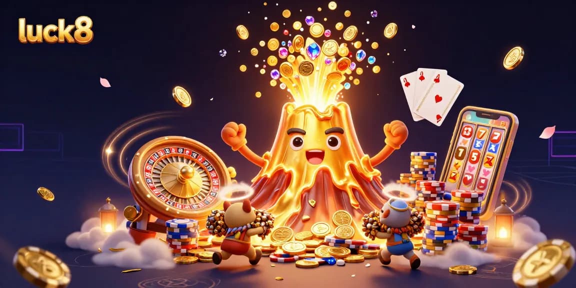 Experience the excitement of luck8 as the volcano erupts with treasures and vibrant casino elements.
