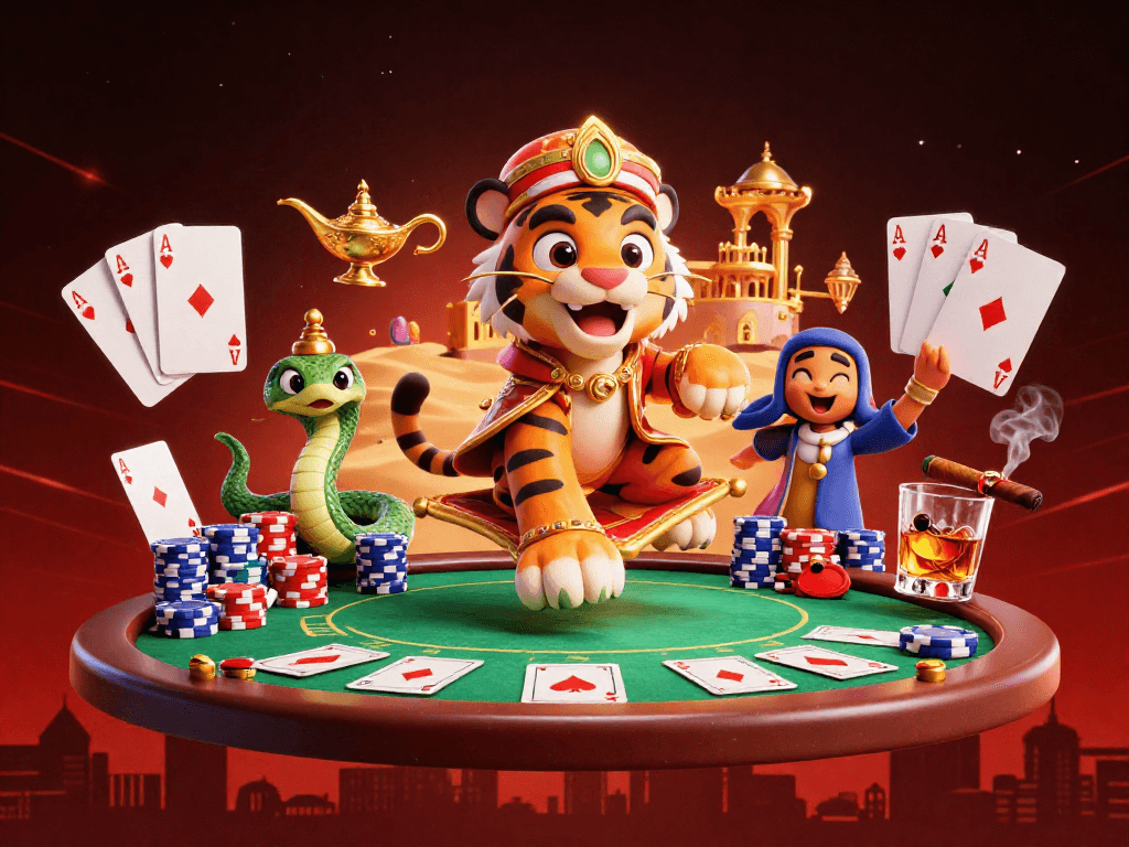 Experience the excitement of 789winml at a vibrant Arabian-themed poker scene with dynamic elements.