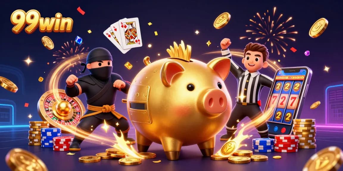 Engage with the dynamic scene of 99win featuring a golden piggy bank and exciting casino elements.