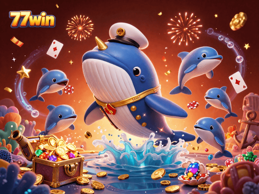 Engage with 77win’s lively world as a 3D whale captain and friends celebrate amidst sparkling casino treasures.
