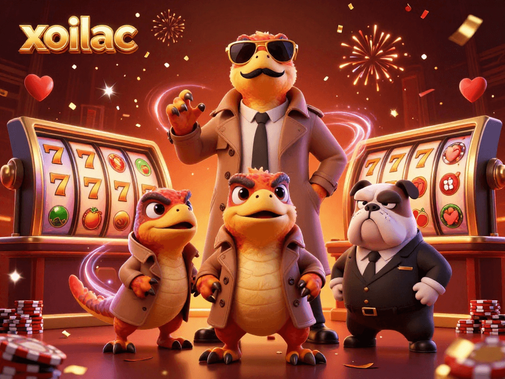 Experience the excitement with xoilac at an exclusive casino with dynamic slot reels and vibrant characters.