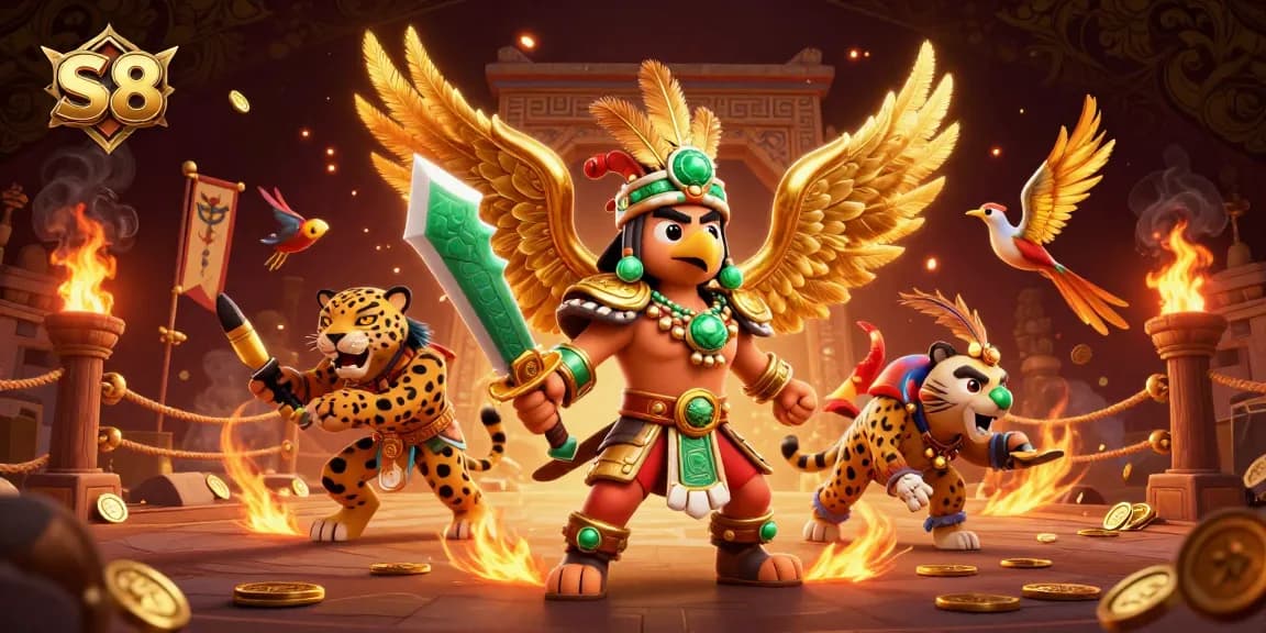 Experience thrilling gameplay at S 8 with dynamic warriors and rich symbols in a vibrant casino scene.