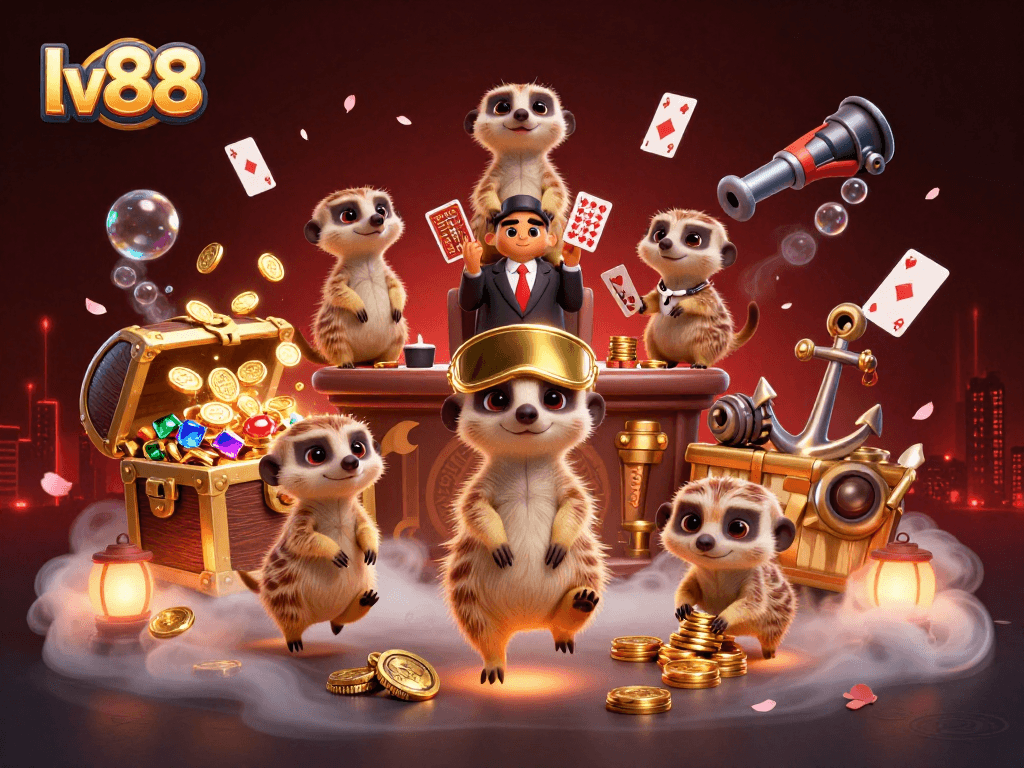 Experience thrilling gaming at lv88 casino with meerkats managing vibrant slot operations.