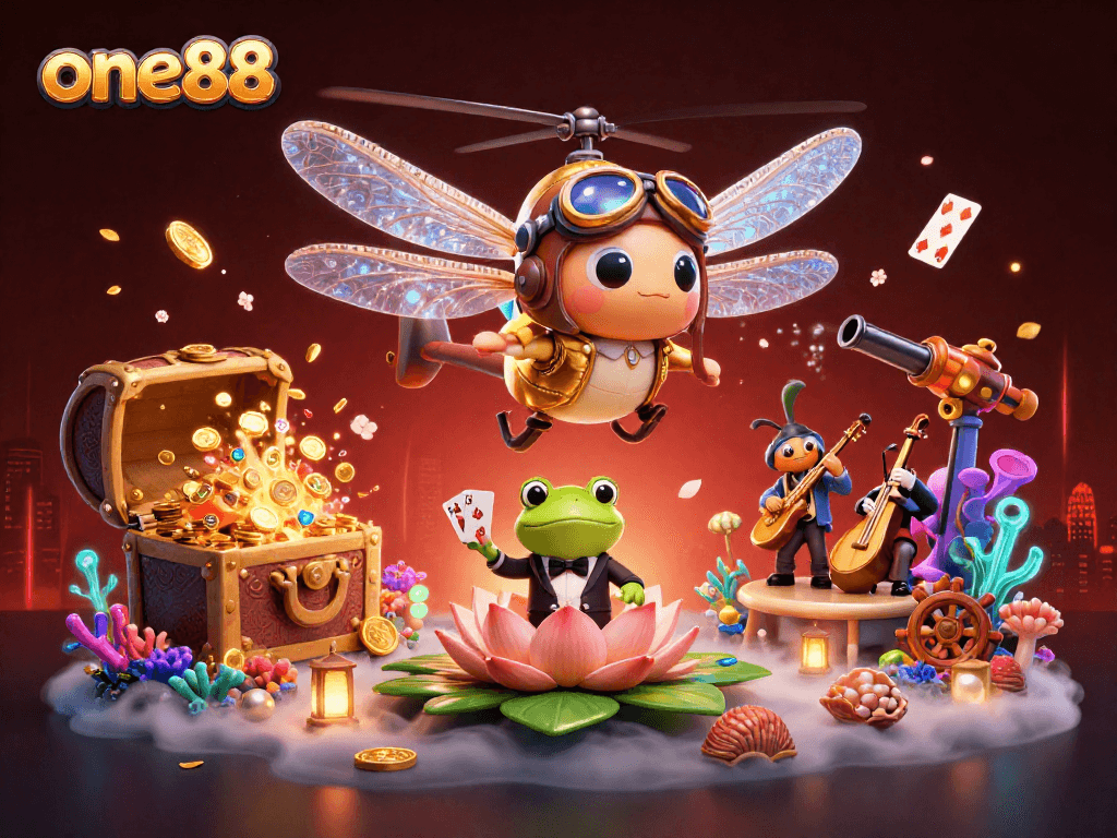 Experience thrilling gameplay at one88 with a lively 3D scene of a dragonfly pilot and frog dealer.