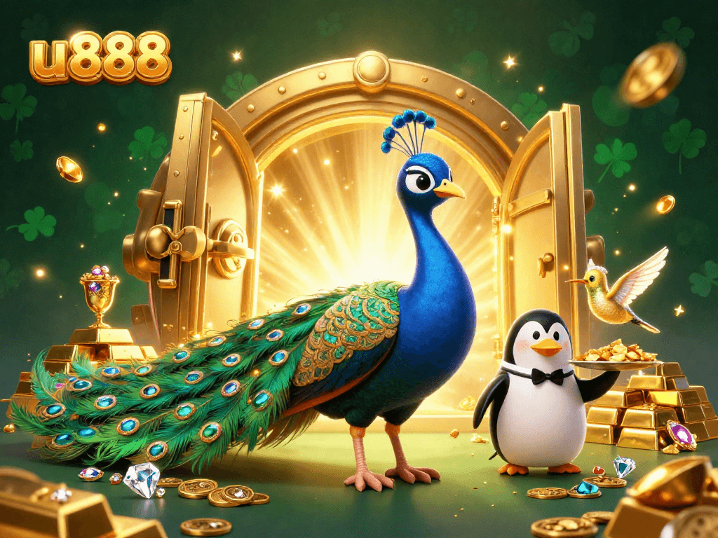 Engage with thrilling wins at u 888 in a vibrant casino scene with peacock and gems.