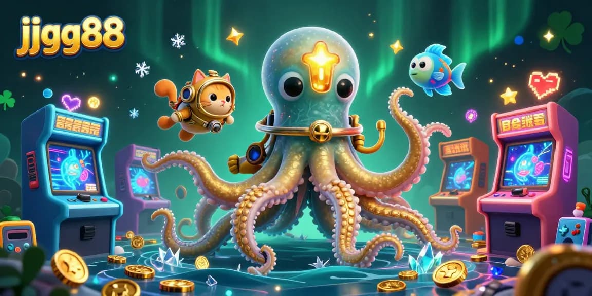 Engage with jjgg88's thrilling atmosphere featuring a kraken, diving cat, and glowing gaming elements.