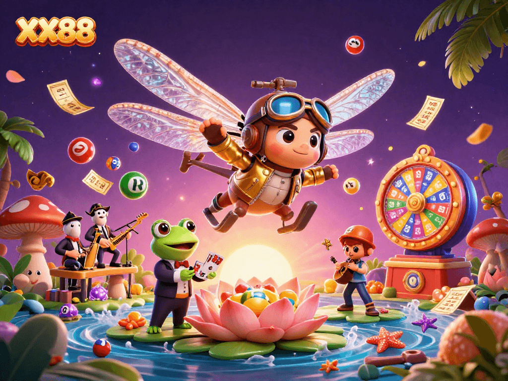 Join the excitement at XX88 with a colorful casino-themed illustration featuring a dragonfly pilot and frog croupier.