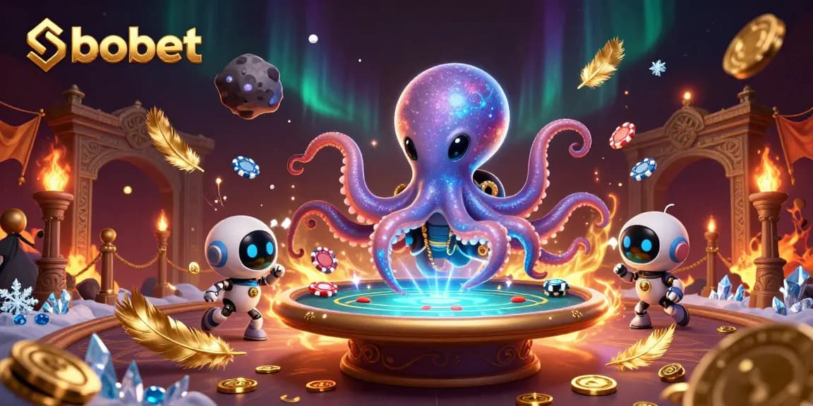 Engage in sbobet gaming as a vibrant alien octopus operates a poker table in a dynamic cosmic scene.