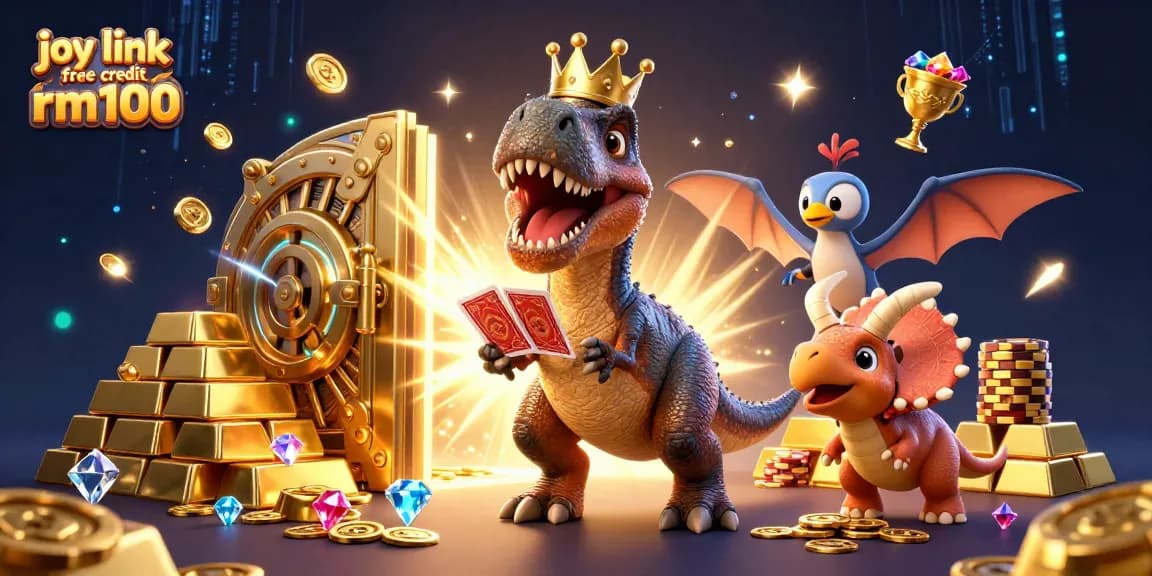 Play exciting games with joy link free credit rm100, featuring a T-Rex shuffling cards and a triceratops stacking chips.