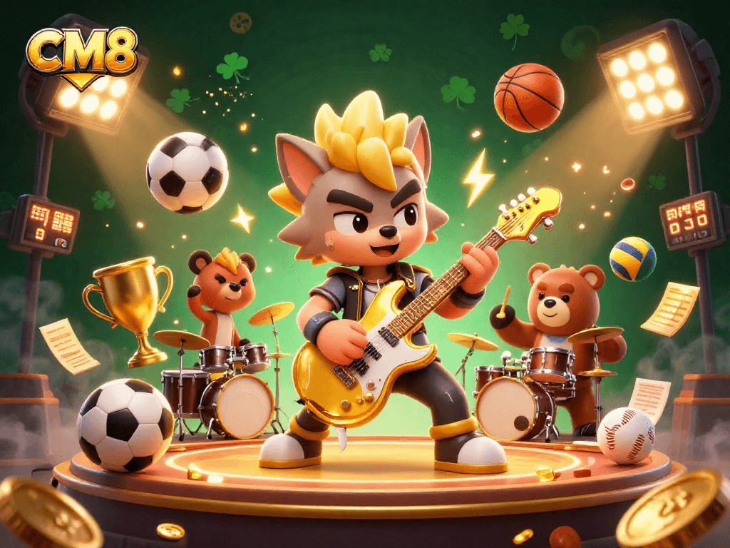 Experience thrilling wins at CM8 with an electrifying 3D casino illustration showcasing vibrant gaming elements.