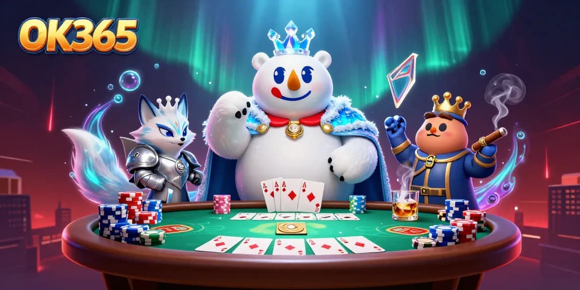 Experience thrilling poker action with OK365's vibrant illustration featuring dynamic casino elements.