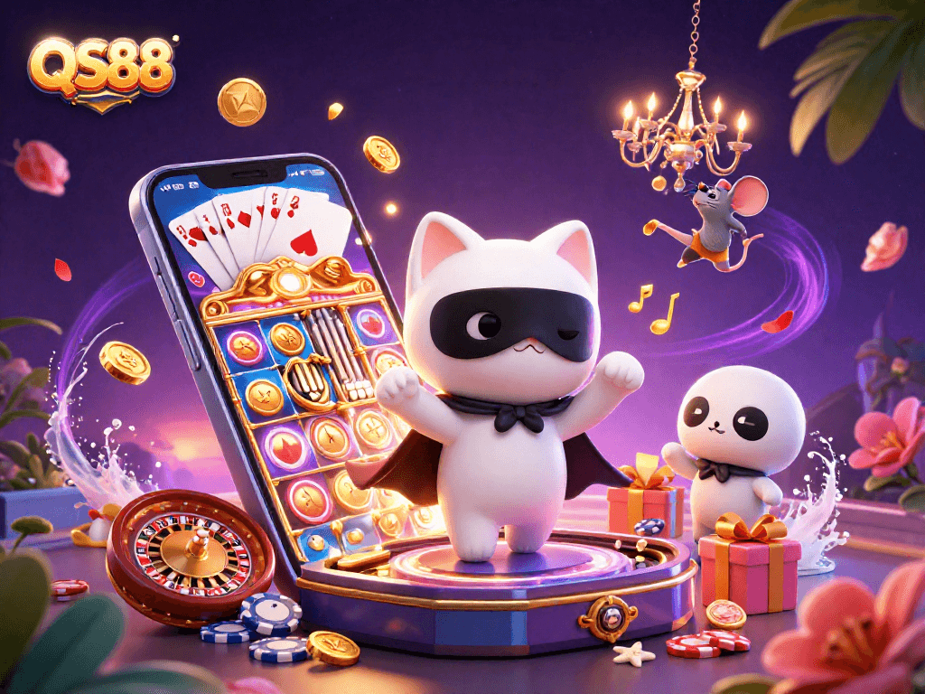 Experience dynamic slot gaming with QS88 featuring a cartoon phantom cat and dazzling casino elements.