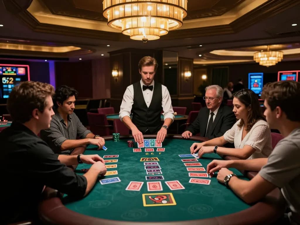 O8 players engaging in strategic blackjack gameplay at a luxurious casino table.