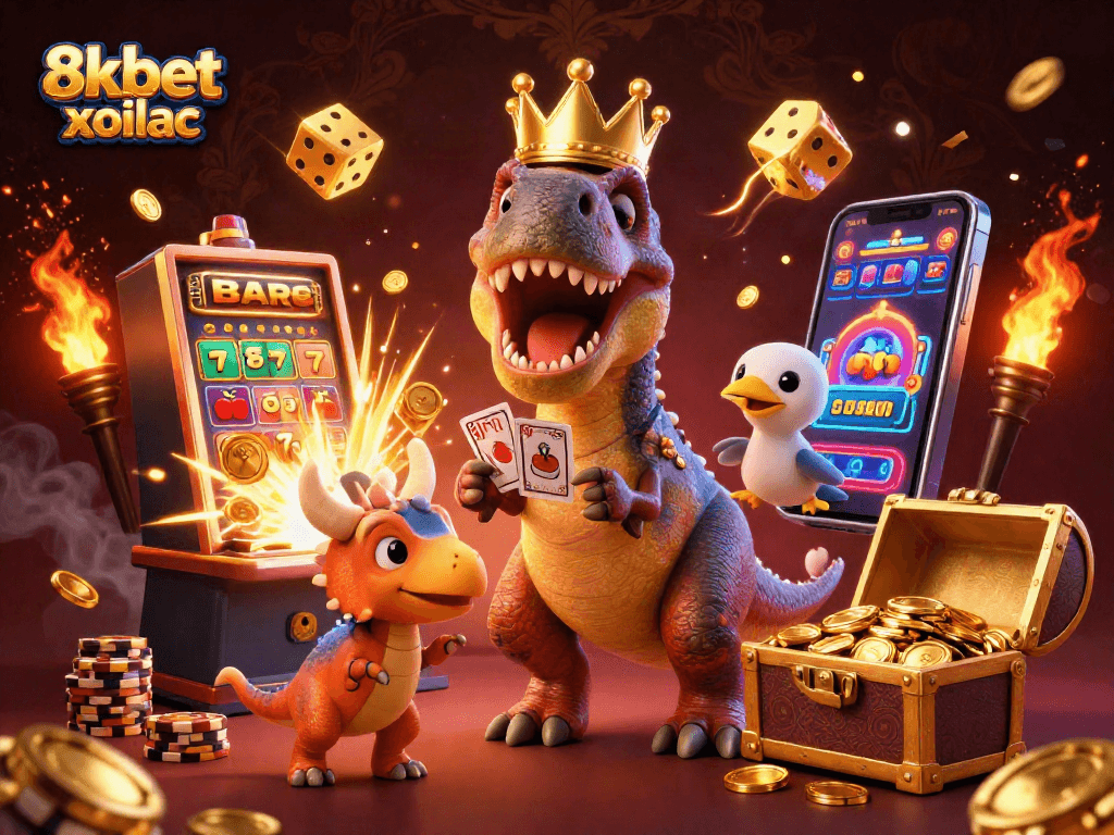 Experience thrilling gameplay with 8xbet xoilac as a T-Rex shuffles cards amidst a jackpot explosion.