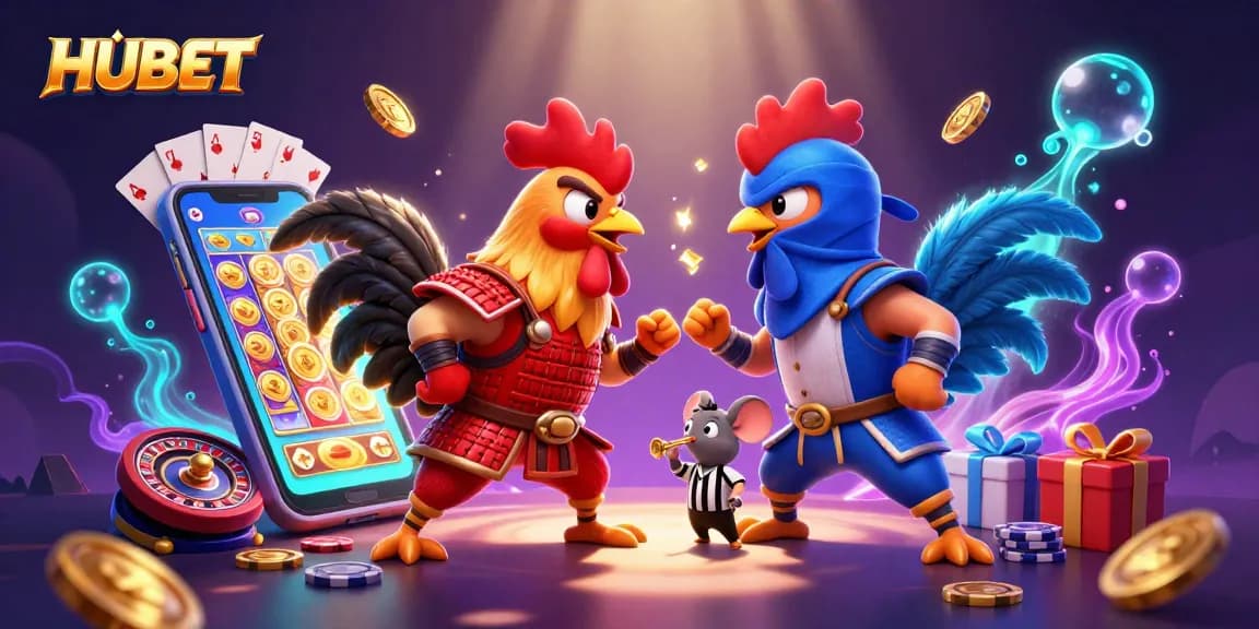Experience thrilling matches with HUBET's dynamic gaming environment, featuring animated roosters and vibrant casino elements.