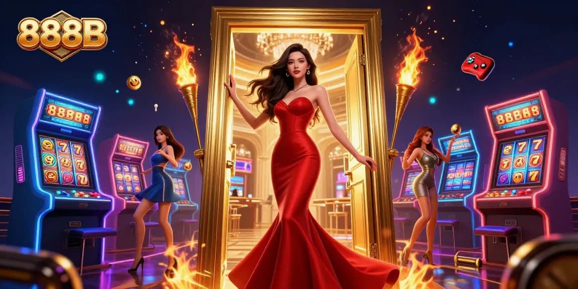 Experience the thrilling 888B casino atmosphere with vibrant gaming elements and luxurious visuals.