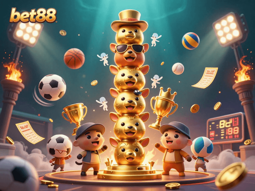 Engage with the thrilling world of bet88 showcasing a vibrant 3D casino scene filled with dynamic sports elements.