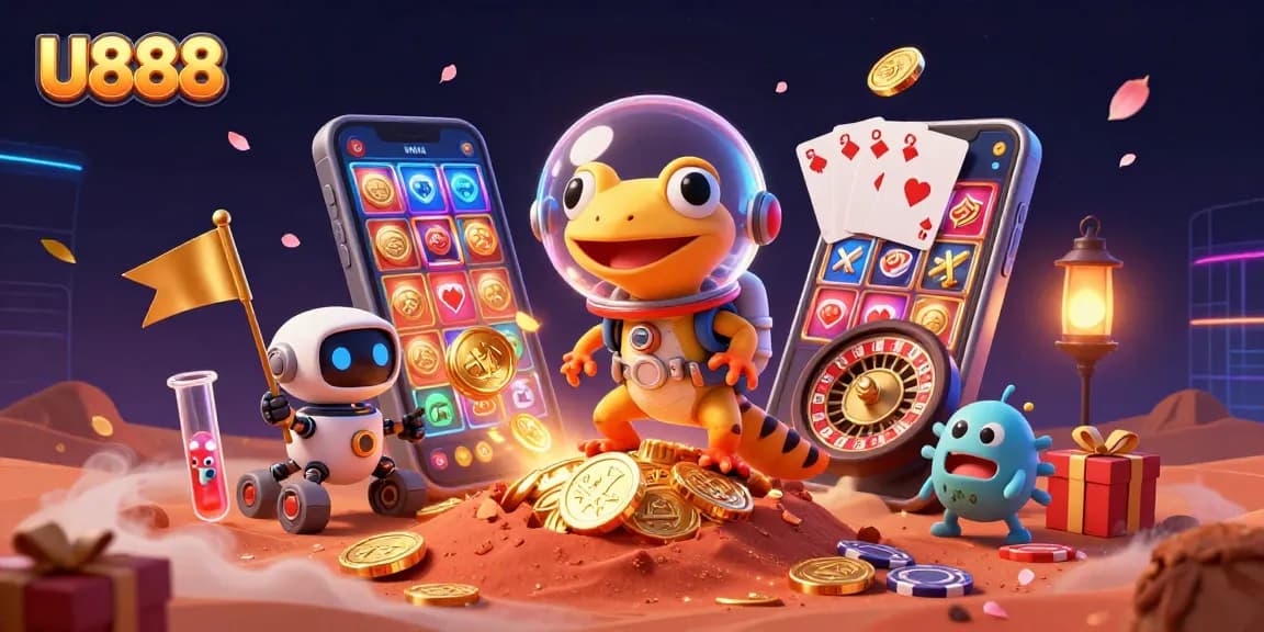 Play slots with U888 in a vibrant, ultra-detailed Martian casino scene, featuring colorful games and cheering bacteria.