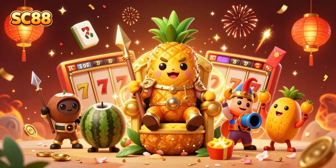 Engage with SC88 as the golden pineapple king rules a vibrant casino scene filled with celebratory elements.
