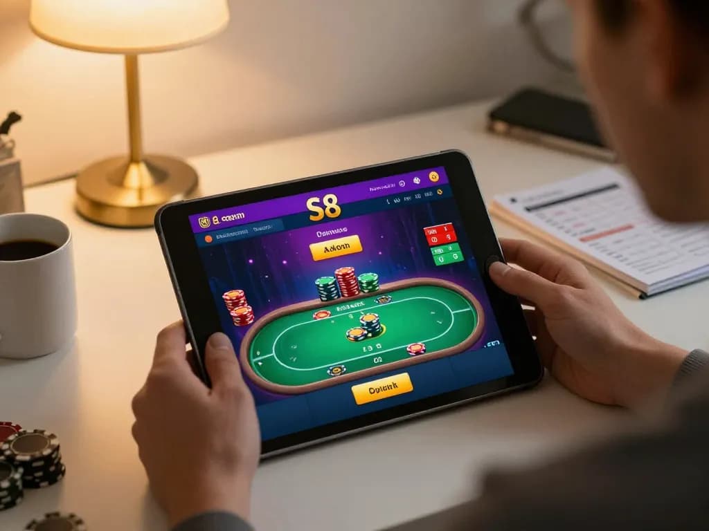 Engaging with the S8 com casino app while enjoying a cozy home gaming environment.