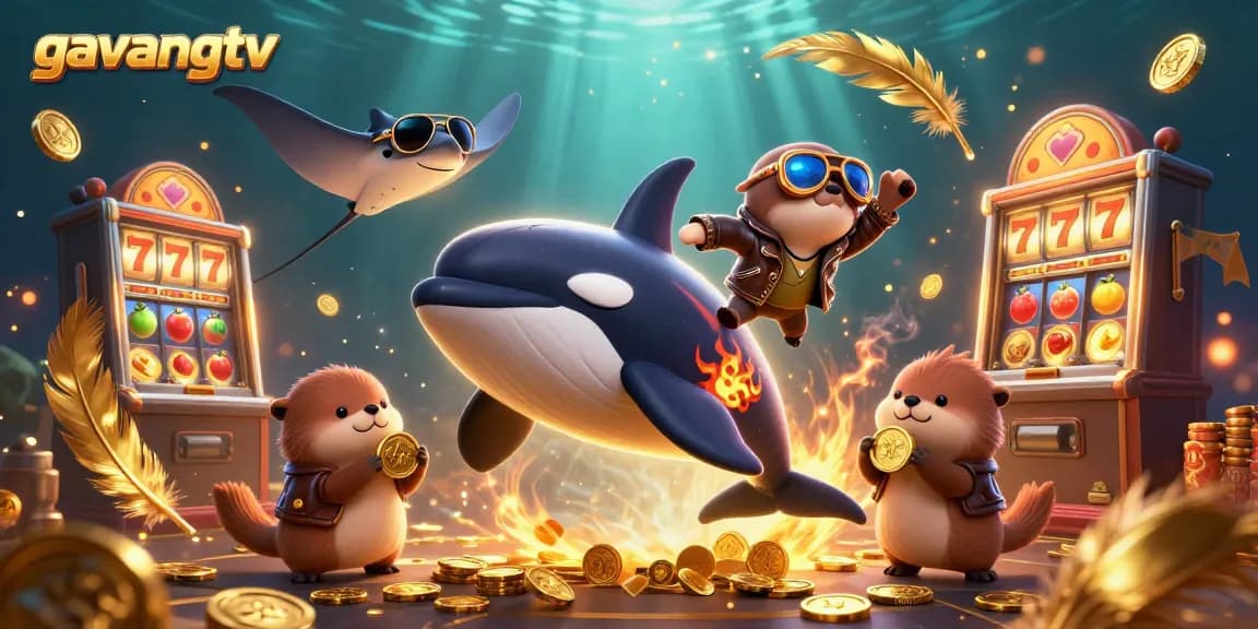 Experience thrilling slots with gavangtv as an orca jumps amidst shimmering gold and vibrant underwater action.
