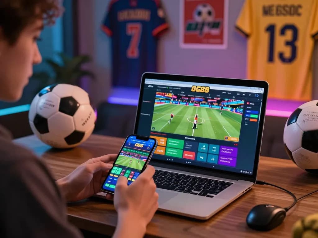 Person betting on sports using GG88 app, showcasing an engaging online gambling environment with modern aesthetics.