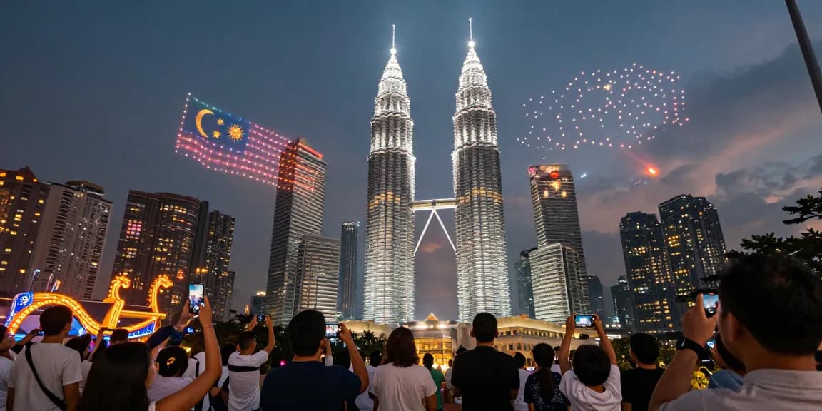 Dazzling drone light show showcasing vibrant animations over Kuala Lumpur, depicting the Malaysian flag, creating awe among the audience, with city skyline in the background.
