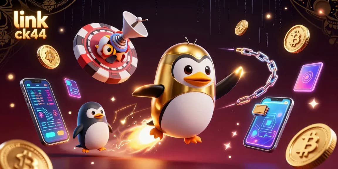 Play exciting games at link ck44 while enjoying rich visuals of a rocket-powered penguin and crypto elements.
