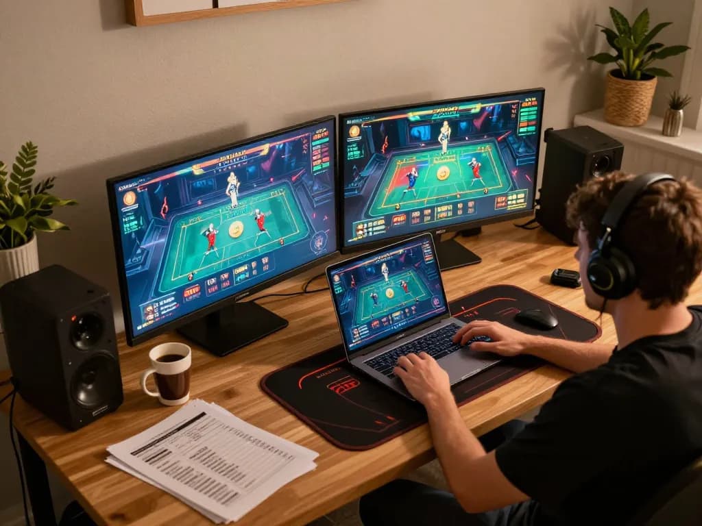 Player enjoying F88bet online casino game in a stylish home gaming setup with vibrant interface
