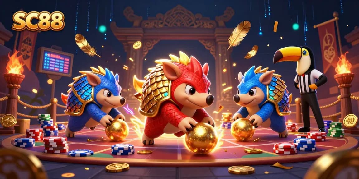 SC88 pangolins compete in a vibrant casino scene with poker chips and golden scales.