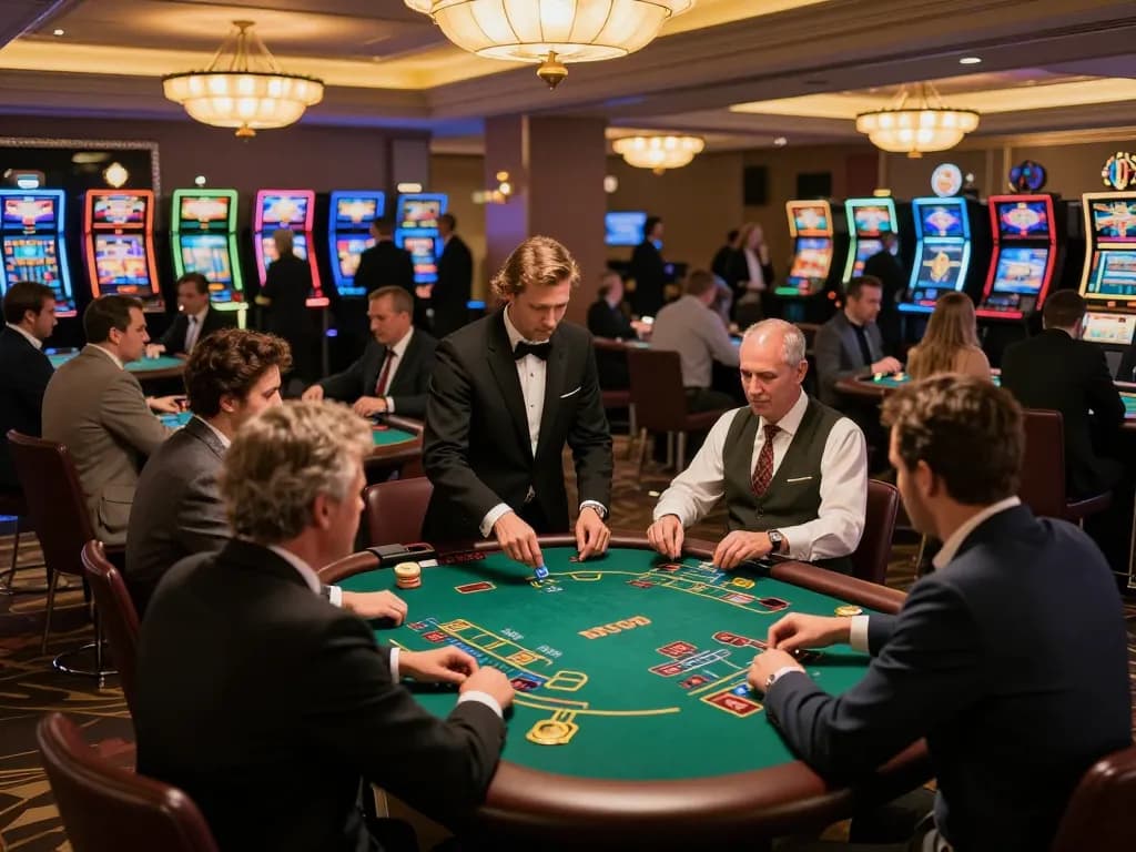 Engaged players at xoso66com betting on blackjack tables in a lively casino environment