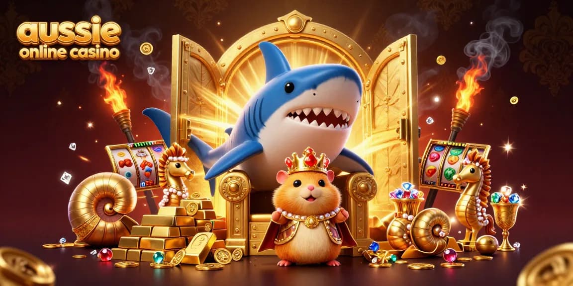 Engage with the best aussie online casino, featuring a dynamic scene with a golden hamster king and vibrant slot elements.