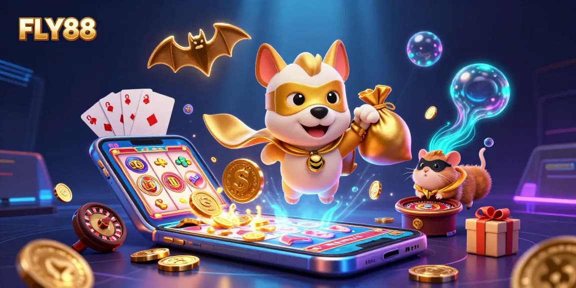 FLY88 superhero dog flying with a bag of gold coins beside a hamster, amidst vibrant casino games.