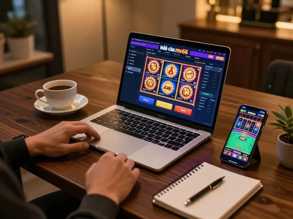 Engaging with Nhà cái mv66 online casino through laptop and smartphone, showcasing modern gaming excitement.
