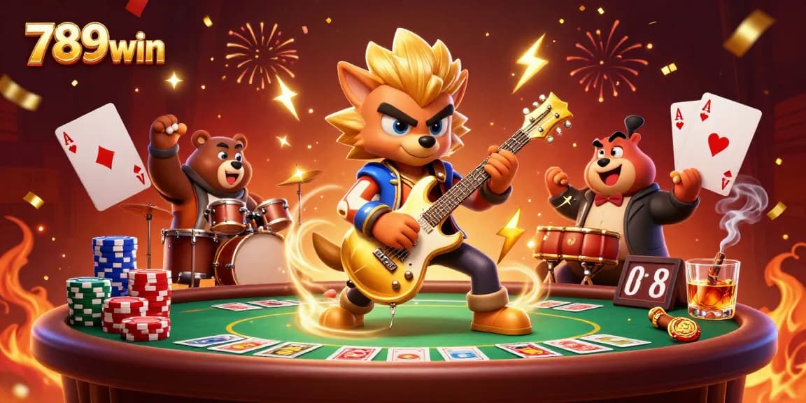Experience thrilling wins at 789win with a dynamic casino scene featuring rock star characters.