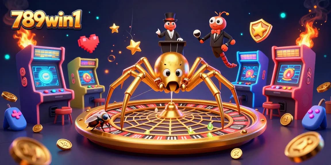 Experience thrilling gameplay with 789win1 as a cartoon spider spins a roulette wheel web.