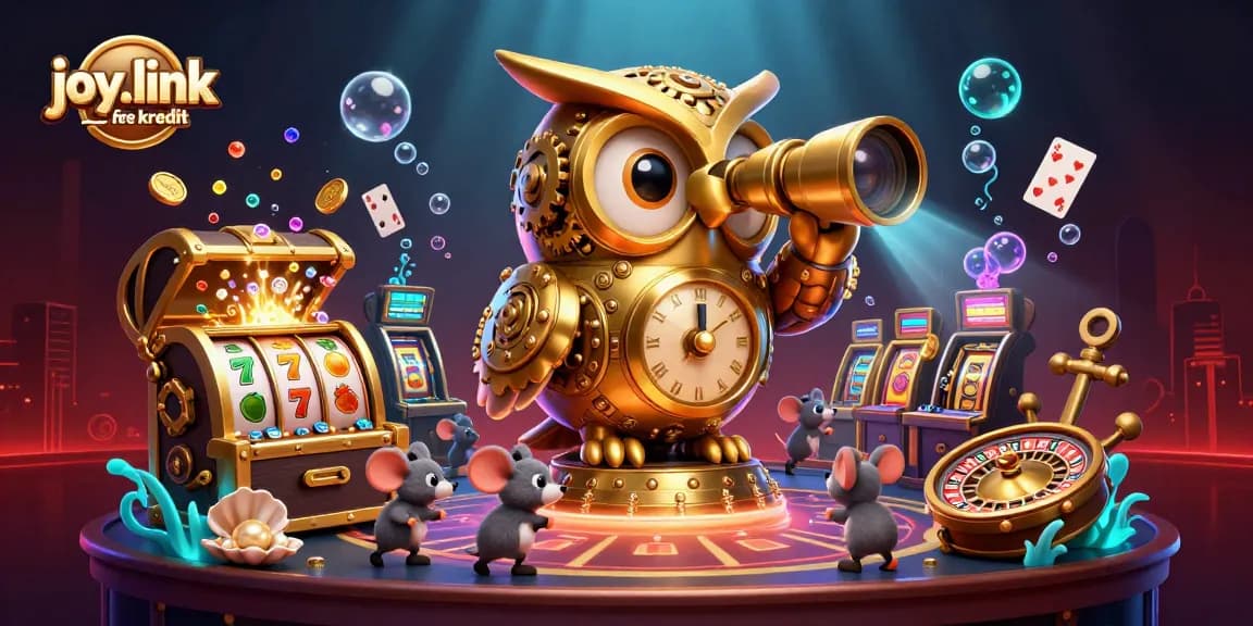 Experience the thrill of casino gaming with joy.link free kredit as the golden owl oversees the dynamic slot machines and treasures.