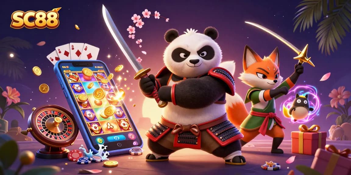 Experience the thrill of SC88 with a dynamic 3D scene showcasing engaging gambling elements and vibrant characters.