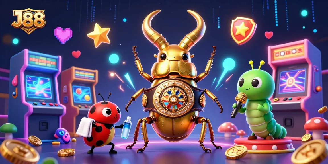 Engage in the thrilling J88 casino scene with a dynamic boxing beetle champion among arcade and gaming elements.
