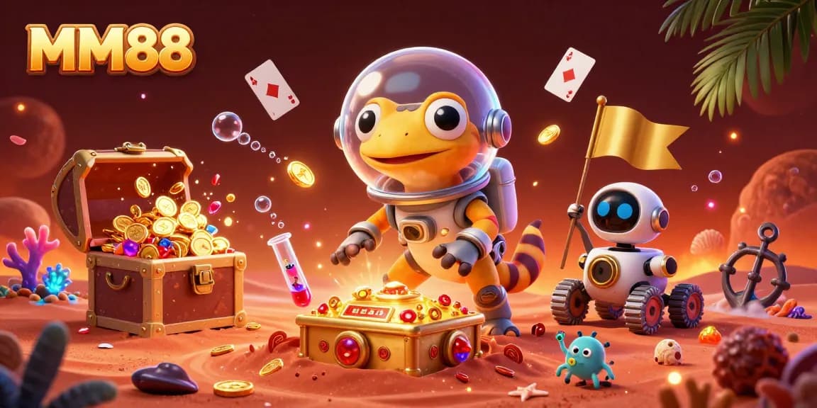 Experience excitement at MM88 with a quirky Martian gecko uncovering treasures in a vibrant casino.