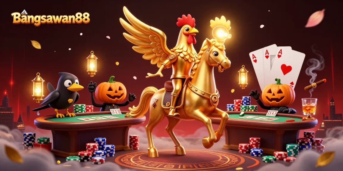 Bangsawan88 offers thrilling casino gaming with a golden rooster and dynamic poker elements.