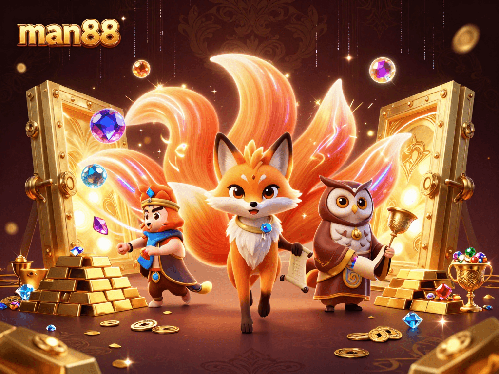 Engage in exciting gameplay at man88 with a vibrant scene filled with a mystical fox and treasures.
