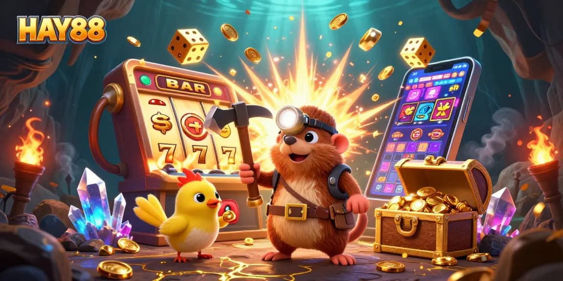 Engage in exciting casino adventures with HAY88 in a vibrant jackpot scene featuring treasure hunters and slot machines.