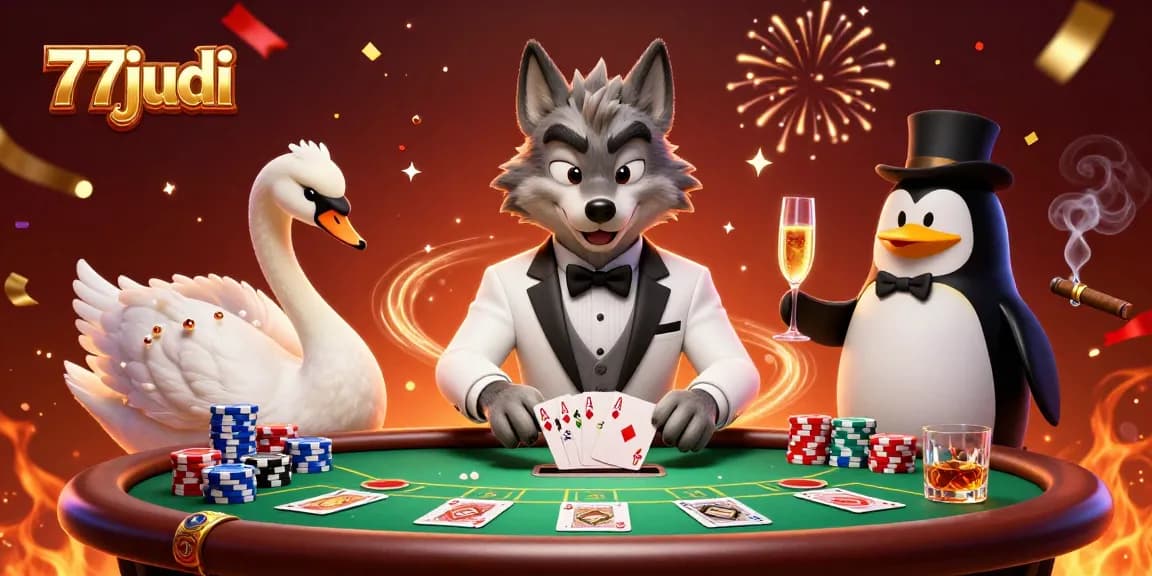 Experience the excitement at 77judi with animated casino characters in a vibrant setting.