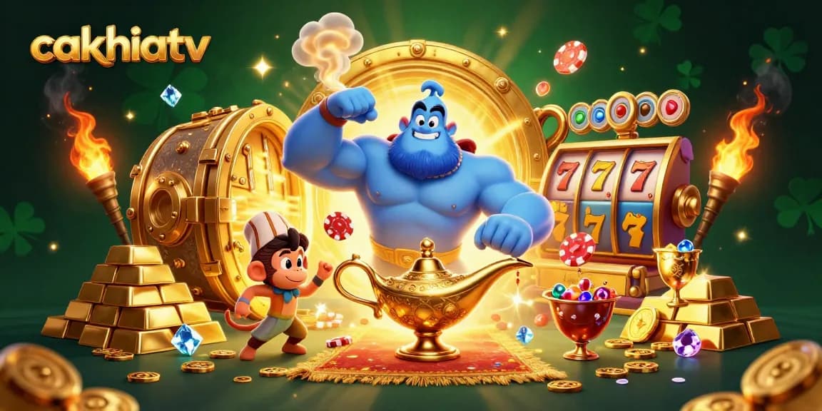 Experience cakhiatv's magical casino adventure with a genie and treasures in vibrant 3D art.