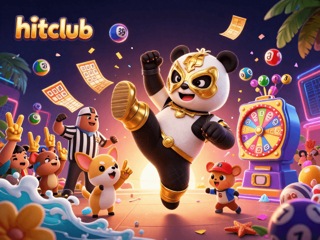 hitclub features an exciting 3D panda wrestler in full action surrounded by lotteries, engaging players with thrilling casino activities