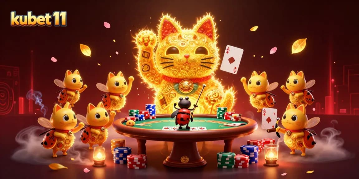 Experience the excitement of kubet 11 with a dazzling lucky cat made of golden fireflies, creating a vibrant casino atmosphere.