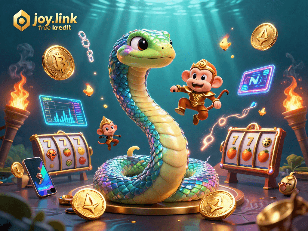 Engage with joy.link free kredit through a colorful 3D casino scene featuring dynamic slot elements and cryptocurrency themes.