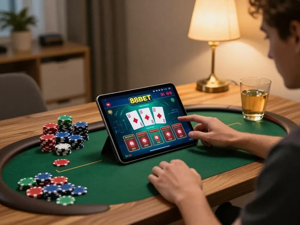Engaging with the 88BET app for a strategic online gaming session in a cozy home.