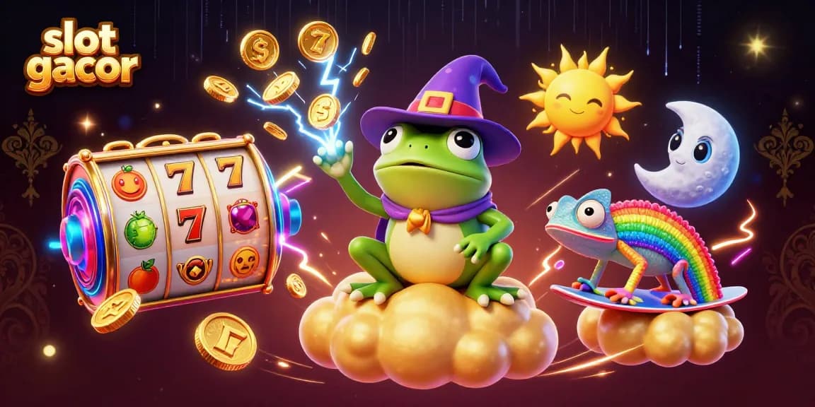 Experience slot gacor magic with a whimsical frog and chameleon in a vibrant casino scene.